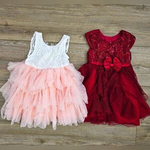 2 Toddler Girl Dresses | 3T | Special Occasion | Burgundy Red Pink Mesh Layered